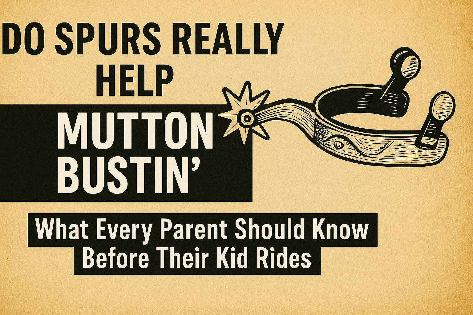 Vintage-style blog thumbnail for Rowdy Rowels featuring the question 'Do Spurs Really Help Mutton Bustin’?' with a detailed black spur illustration on a rustic beige background. Designed to inform parents about safe youth rodeo gear