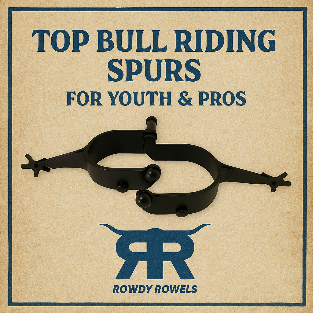 Blue steeled bull riding spurs with classic rowels for rodeo riders by Rowdy Rowels