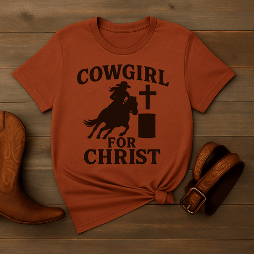 Orange t-shirt with 'Cowgirl for Christ' graphic on a wooden surface with cowboy boots and belt.