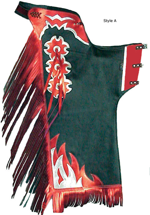 Rowdy Rowels custom rodeo chaps – black leather with red fringe