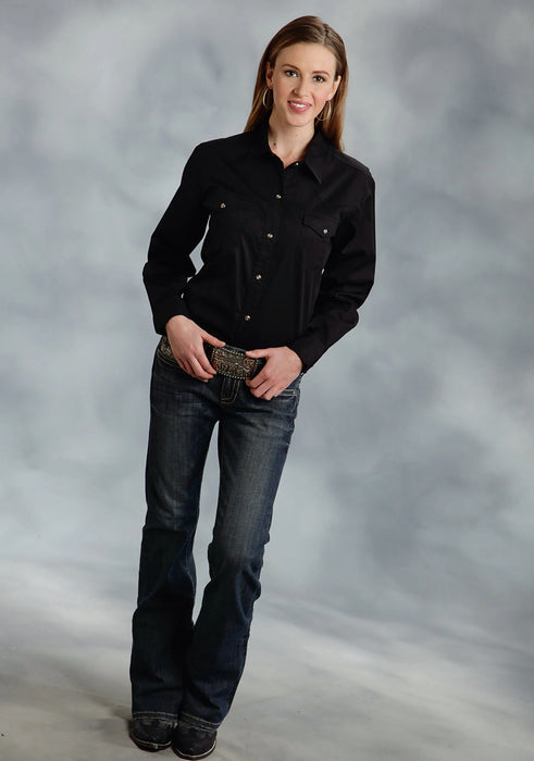 WOMENS BLACK SOLID LONG SLEEVE WESTERN SNAP SHIRT