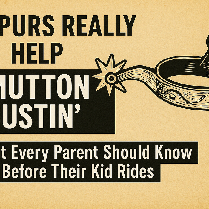 Vintage-style blog thumbnail for Rowdy Rowels featuring the question 'Do Spurs Really Help Mutton Bustin’?' with a detailed black spur illustration on a rustic beige background. Designed to inform parents about safe youth rodeo gear