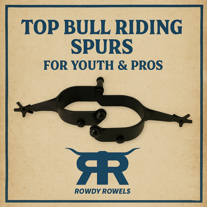 Blue steeled bull riding spurs with classic rowels for rodeo riders by Rowdy Rowels