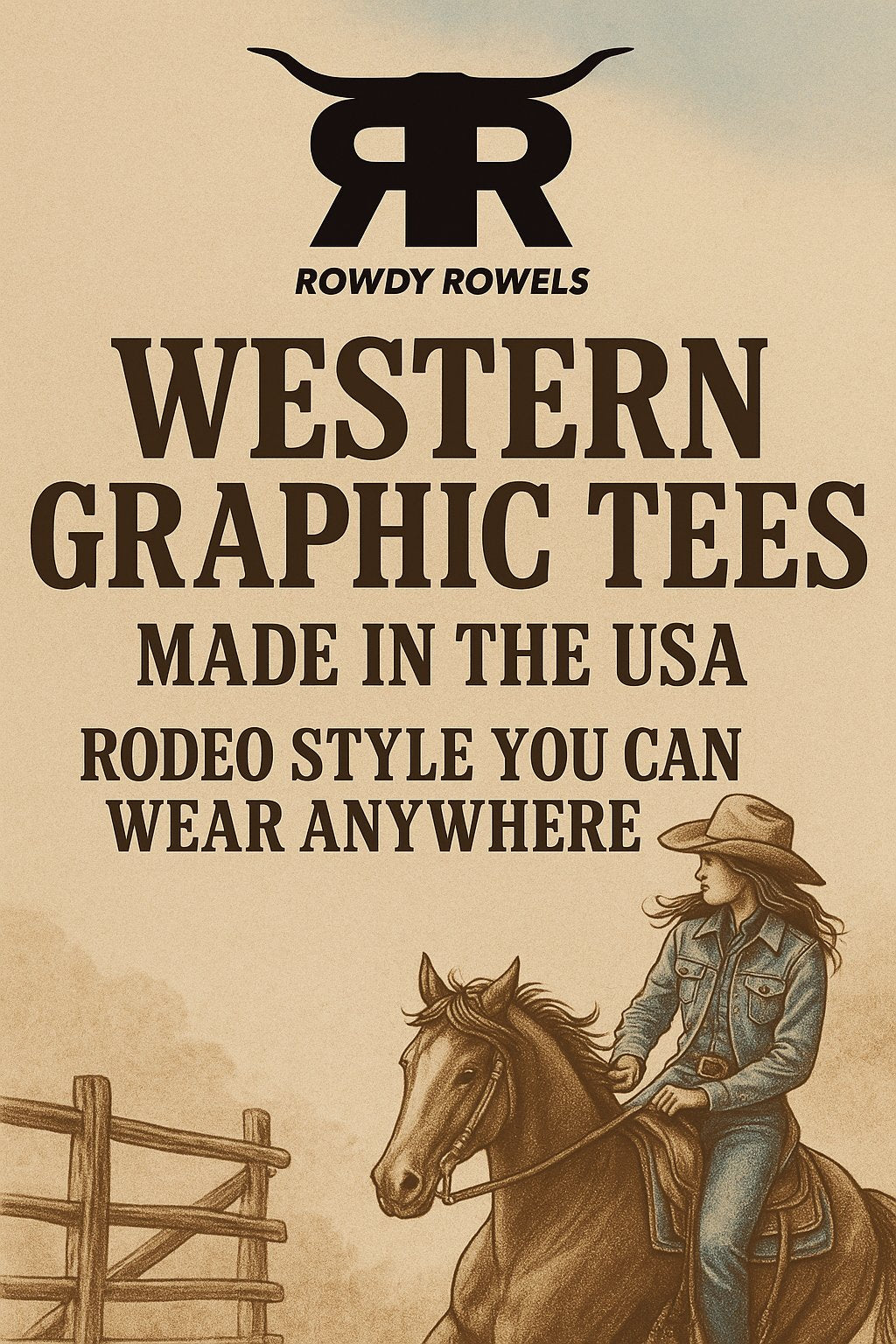Rowdy Rowels Western Graphic Tees banner featuring a cowgirl on horseback, vintage rodeo theme, and text 'Made in the USA – Rodeo Style You Can Wear Anywhere