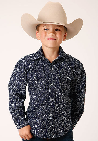 Boy's Print Long Sleeve Western Style Shirt NAVY & WHITE FLORAL PRINT