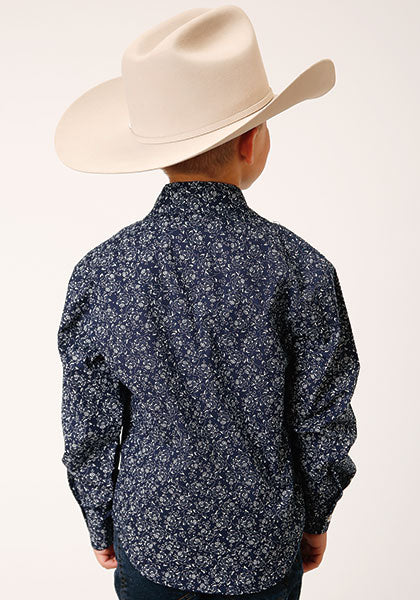 Boy's Print Long Sleeve Western Style Shirt NAVY & WHITE FLORAL PRINT