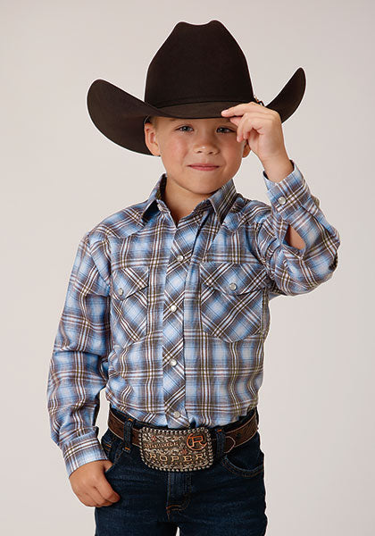 Boy's Plaid Long Sleeve Western Style Shirt LT BLUE/CHOCOLATE/WHITE PLAID