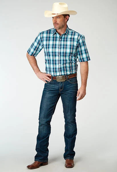 Roper 1938 Cool Breeze Plaid (Blue) - Men's Short Sleeve Shirt