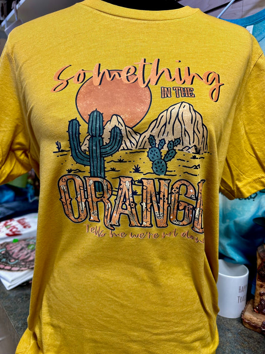 Something In The Orange Western Graphic Tee; Soft, Comfortable Blend by Bella Canvas - Heather Mustard [52% Cotton, 48% Polyester]