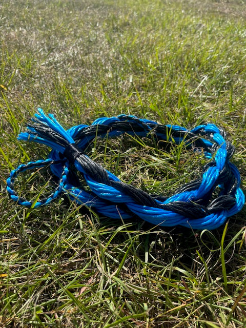 Blue and black braided poly bronc reins