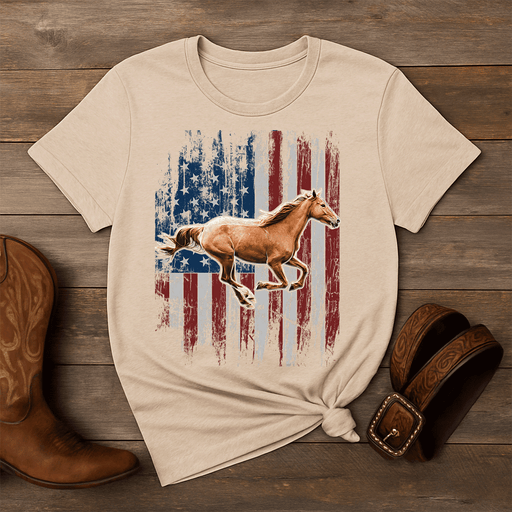 Beige t-shirt with horse and American flag design on a wooden surface with cowboy boots and belt.