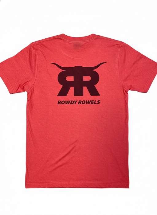 Rowdy Rowels Heritage Logo Tee | Premium Bella + Canvas 3001 Pocket & Back Graphic | Heather Red Western Rodeo Shirt