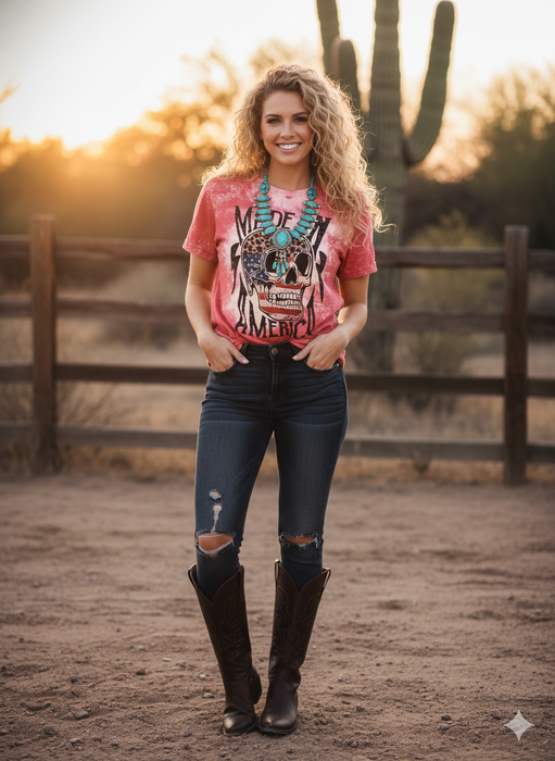 Made In America Cheetah Skull Bleached Tee | Bella + Canvas 3001 Heather Red Graphic T-Shirt | Edgy Americana Patriotic Top | Cheetah Flag Skull Boutique Tee