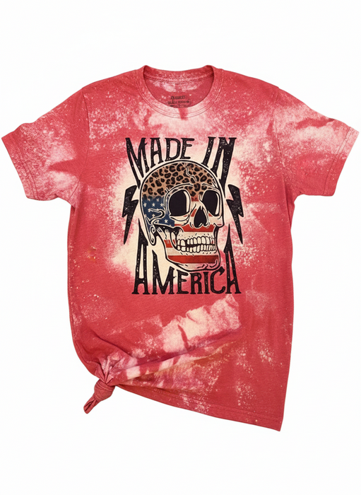Made In America Cheetah Skull Bleached Tee | Bella + Canvas 3001 Heather Red Graphic T-Shirt | Edgy Americana Patriotic Top | Cheetah Flag Skull Boutique Tee
