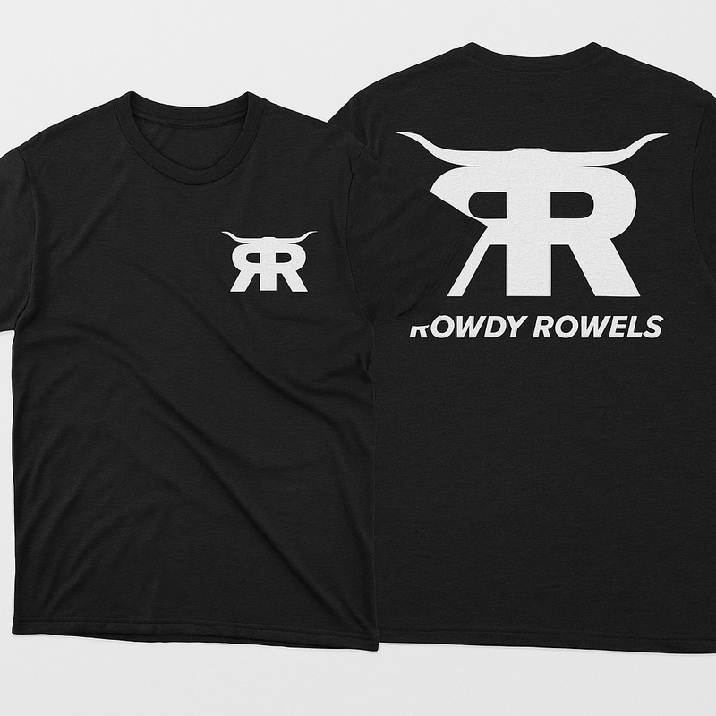 Rowdy Rowels Bella+Canvas unisex rodeo T-shirt with RR Longhorn logo front and back, premium western graphic tee


