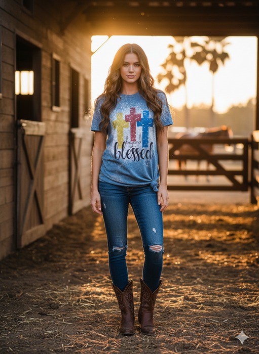 Beyond Blessed Cross Western Graphic Tee | Faith-Based Western Heather Teal Bella + Canvas 3001 T-Shirt