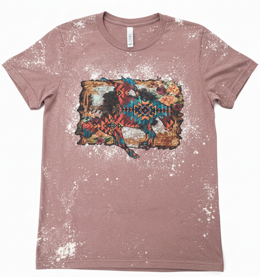 Pink t-shirt with a graphic design on a white background
