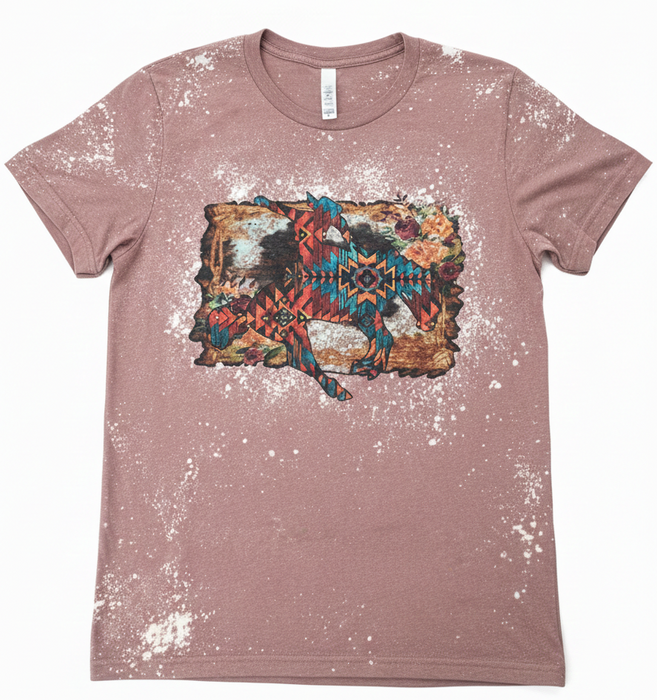 Pink t-shirt with a graphic design on a white background
