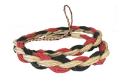 A set of saddle bronc reins featuring red and black poly materials with natural sisal (grass), braided together.