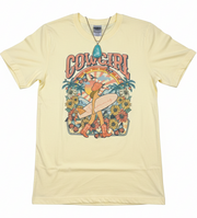 Yellow t-shirt with a graphic design featuring a cowboy and cowgirl on a white background