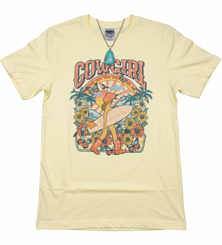 Yellow t-shirt with a graphic design featuring a cowboy and cowgirl on a white background