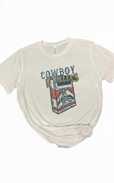 "Cowboy Killers" Retro Cigarette Pack Tee | Tultex Super Soft Unisex T-Shirt | Vintage Rodeo Skeleton Graphic | Edgy Western Boutique Streetwear