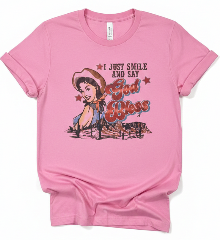 Pink t-shirt with a graphic of a cowgirl and text on a white background
