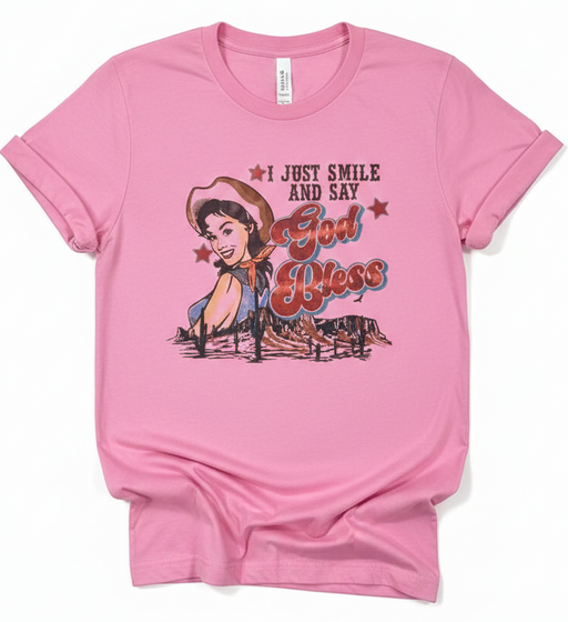 Pink t-shirt with a graphic of a cowgirl and text on a white background