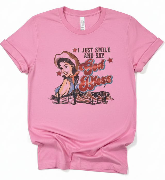 Pink t-shirt with a graphic of a cowgirl and text on a white background