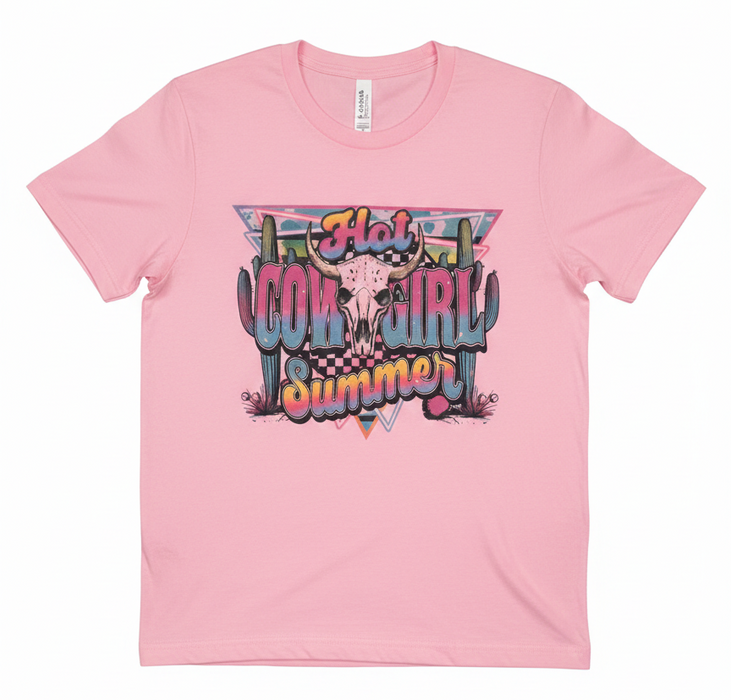 Pink t-shirt with colorful graphic design on a white background