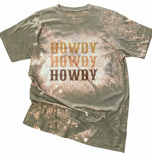 Bleached green t-shirt with 'HOWDY' text on a white background