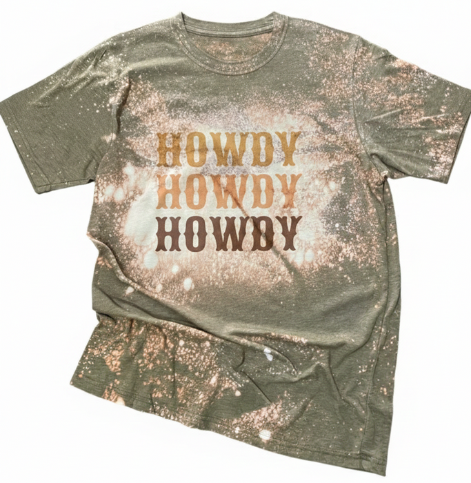 Bleached green t-shirt with 'HOWDY' text on a white background