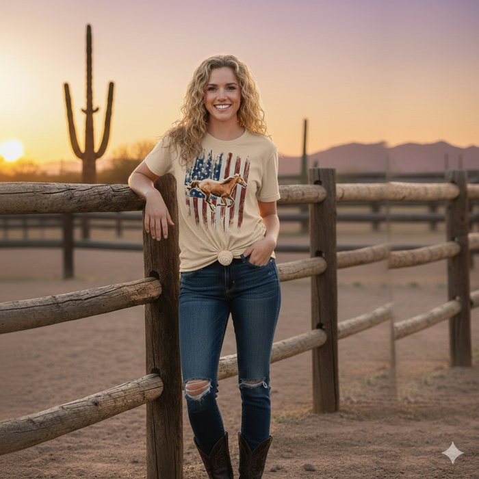 American Flag Horse Graphic Tee | Bella + Canvas 3001 Heather Tan Unisex T-Shirt | Distressed Patriotic Western Top | Vintage Equestrian Spirit Apparel