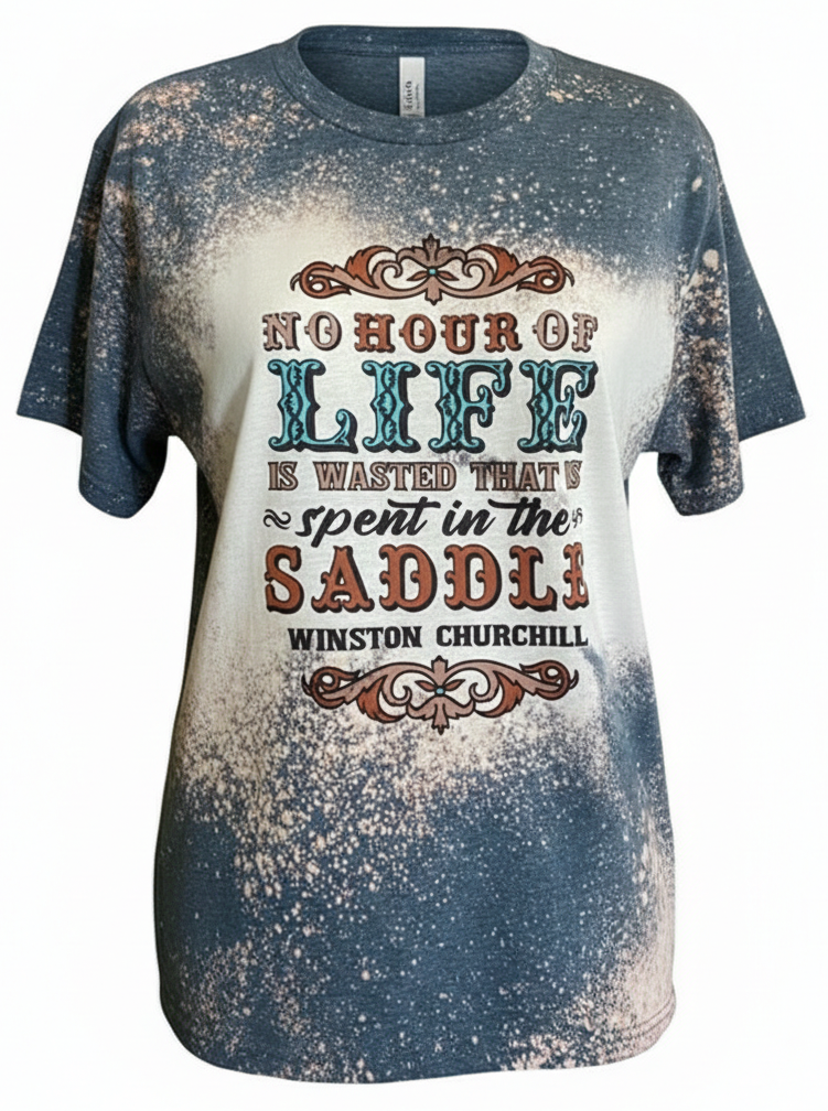 T-shirt with distressed design and text on a white background