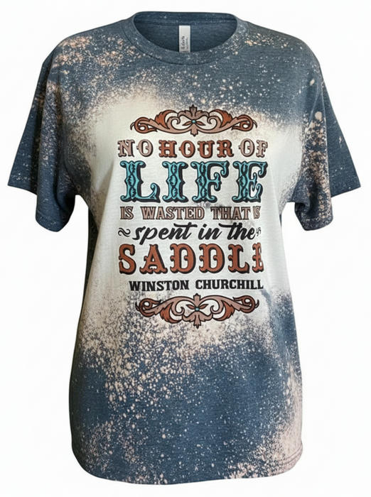 T-shirt with distressed design and text on a white background