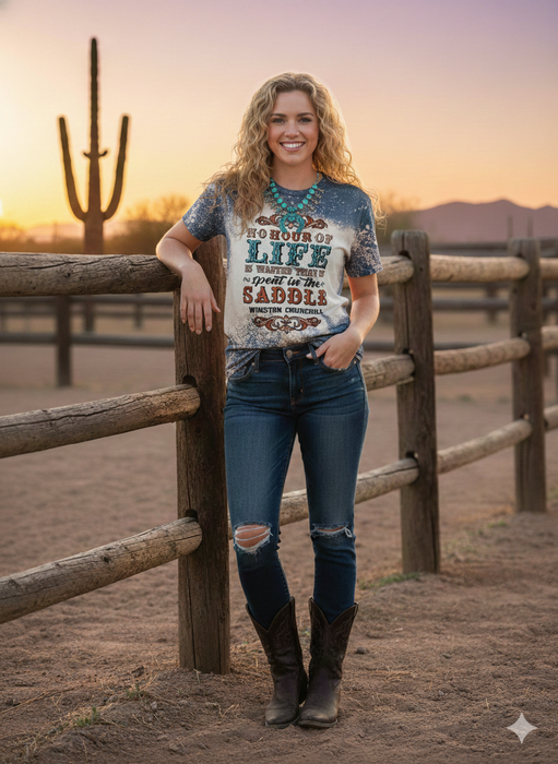 Winston Churchill Saddle Quote Graphic Tee | Bella + Canvas 3001 Deep Heather Teal T-Shirt | Western Equestrian Bleached Top | Horse Lover Gift Boutique Shirt