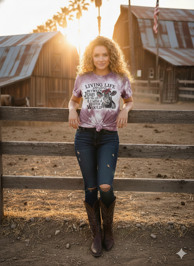 Western Graphic Tee – “Jesus Take the Wheel I Wish a Heifer Would” Bleached Shirt | Rowdy Rowels