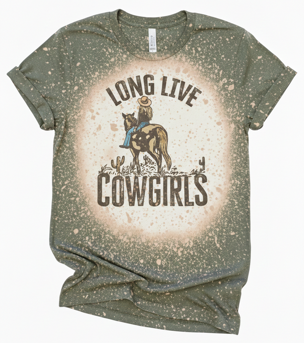 Green t-shirt with a graphic design of a cowgirl on a horse and text 'Long Live Cowgirls' on a white background.