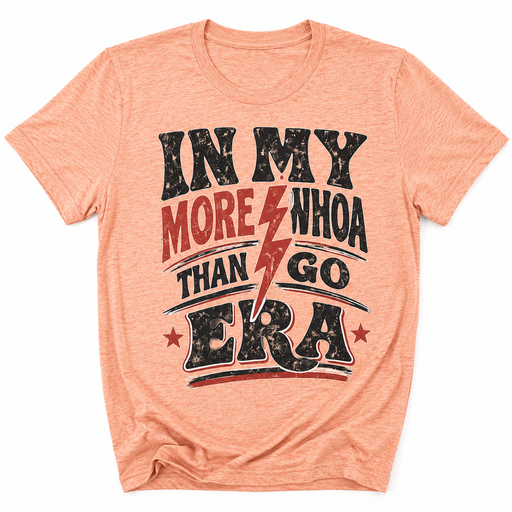 Peach t-shirt with graphic text and lightning bolt design on a white background