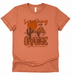 Orange t-shirt with a graphic design and text on a white background