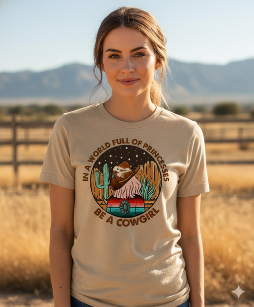 Woman wearing a t-shirt with a cowgirl graphic and text in a desert setting
