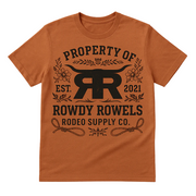 Brown t-shirt with black graphic and text on a beige background