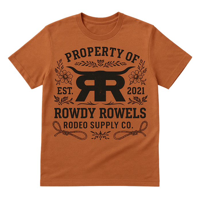 Brown t-shirt with black graphic and text on a beige background