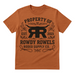 Brown t-shirt with black graphic and text on a beige background