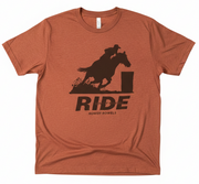 Brown t-shirt with a graphic of a person riding a horse and the word 'RIDE' on a white background.