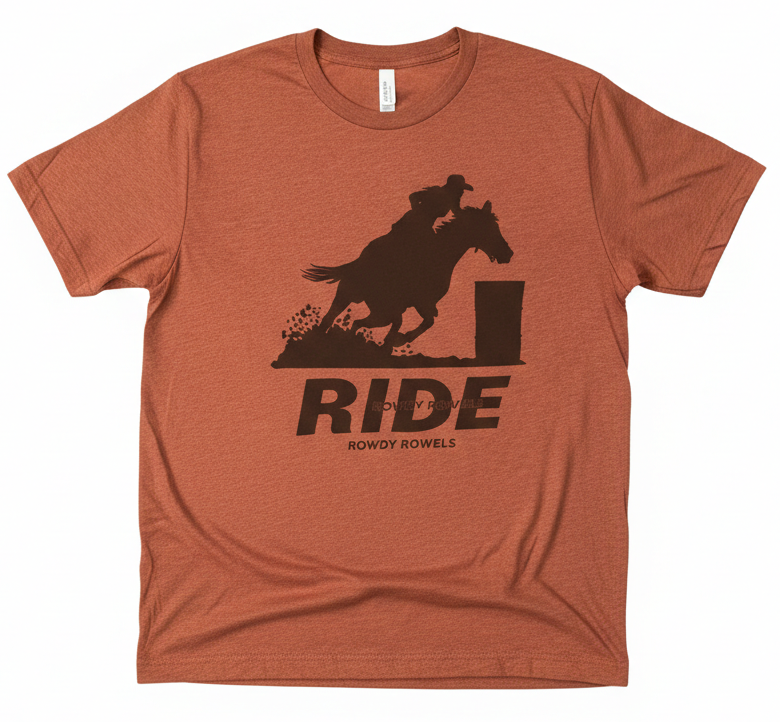 Brown t-shirt with a graphic of a person riding a horse and the word 'RIDE' on a white background.