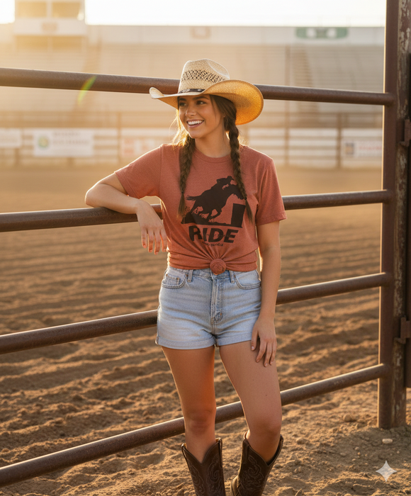 Ride Barrel Racer Graphic Tee | Premium Bella + Canvas 3001 Rodeo Shirt | Western Horse Rider Heather Clay T-Shirt – Rowdy Rowels
