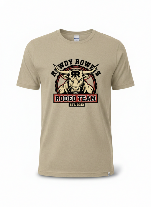 Rowdy Rowels Rodeo Team western graphic tee on Bella+Canvas Heather Tan shirt with bull logo design