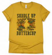 Yellow t-shirt with 'Saddle Up Buttercup' graphic design on a white background