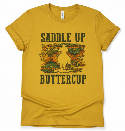 Yellow t-shirt with 'Saddle Up Buttercup' graphic design on a white background